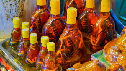 Alcohol tincture with snakes and scorpions. Souvenir shop in Vietnam in Nha Trang.
