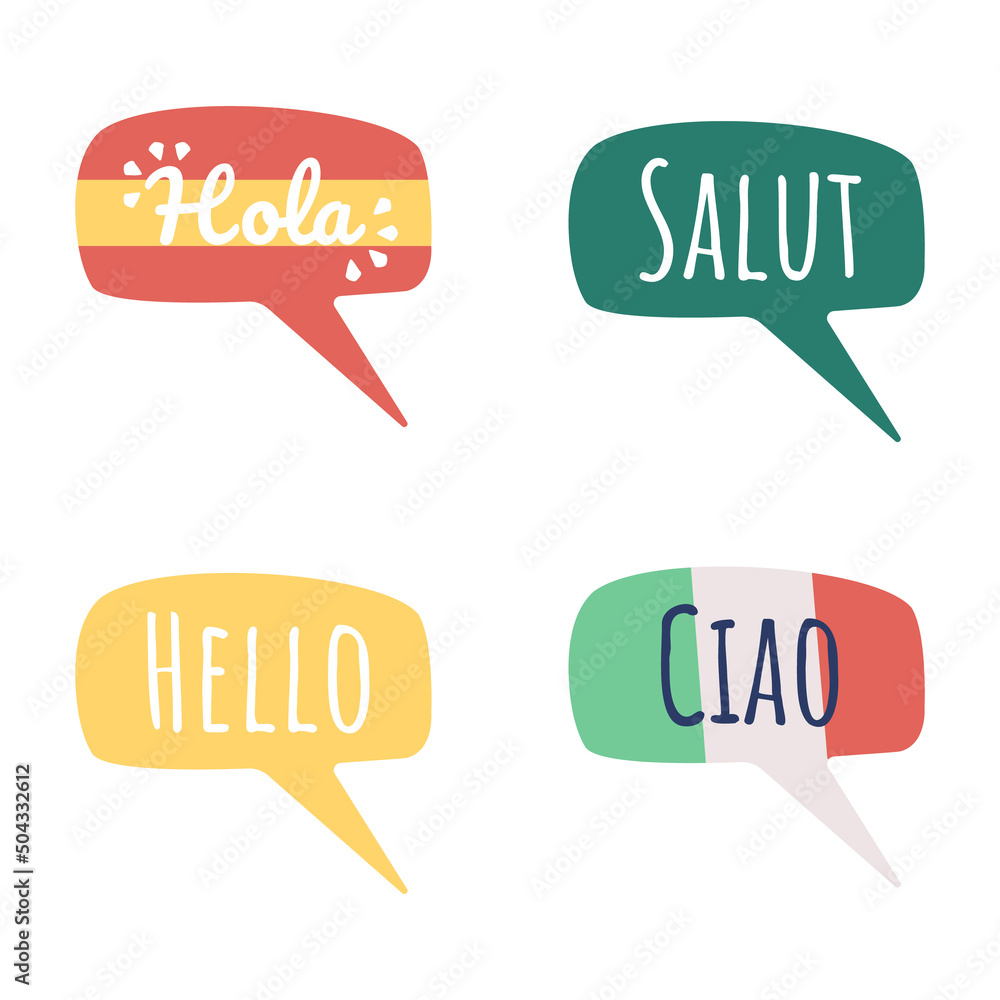 Poster greeting words in different languages semi flat color vector speech bubble set. simple cartoon style
