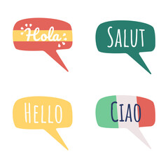 Greeting words in different languages semi flat color vector speech bubble set. Simple cartoon style illustration pack for web graphic design and animation. Amatic SC, Pacifico Regular fonts used © The img