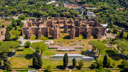 Aerial view of Baths of Caracalla located in Rome, Italy. They were important thermae and public...