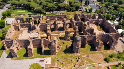 Aerial view of Baths of Caracalla located in Rome, Italy. They were important thermae and public...