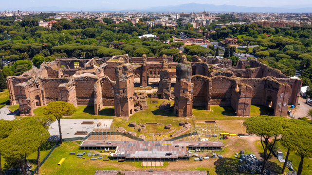 Aerial view of Baths of Caracalla located in Rome, Italy. They were important thermae and public baths of ancient Rome and today they are a visitable monument.