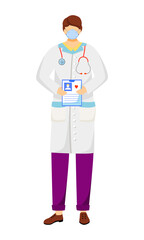 Doctor holding medical anamnesis semi flat color vector character. Standing figure. Full body person on white. Physician simple cartoon style illustration for web graphic design and animation - obrazy, fototapety, plakaty