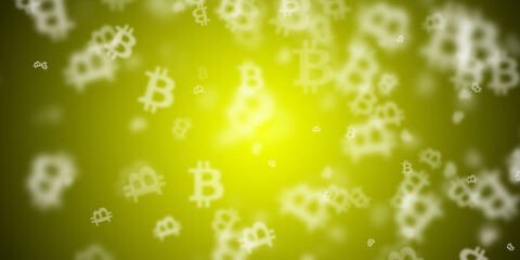 Abstract lemon yellow background with flying bitcoin logos