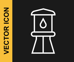 White line Water tower icon isolated on black background. Vector