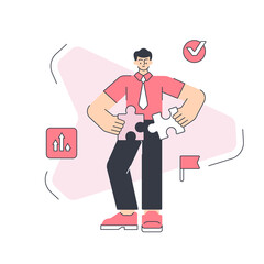 Business man connecting two jigsaw pieces problem solution vector flat illustration. Male boss employee puzzle part brainstorming challenge match unity success marketing strategy corporate decision