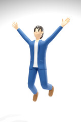 3D man in a suit jumps, rejoicing at his success.