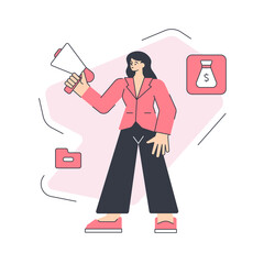 Business woman in suit with megaphone successful marketing announce financial strategy vector flat illustration. Female employee management advertising commercial information presentation isolated