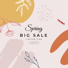Fototapeta na wymiar Floral spring design with white flowers, green leaves, eucaliptus and succulents. Round shape with space for text. Banner or flyer sale template, vector illustration.