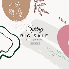 Hello spring flower frame vector template. Spring sale with hand drawn colorful pastel instagram post design template