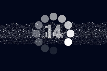 July 14th. Day 14 of month, Calendar date. Luminous loading digital hologram calendar date on dark blue background. Summer month, day of the year concept.