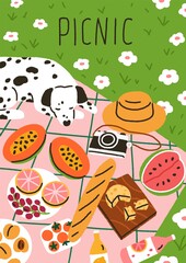Summer picnic card. Postcard with blanket on grass, food, fruits, camera and dog relaxing outdoors. Vertical vacation poster with lemonades, watermelon, snacks. Colored flat vector illustration
