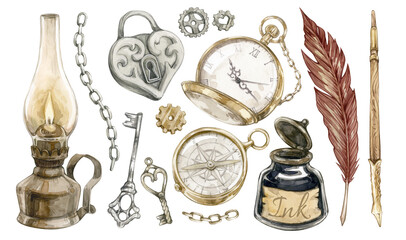 Watercolor illustrations: vintage lantern, lock and keys, watch and compass, feather pen, inkwell and chains. isolated