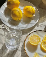 lemons on the plates, glass of water, flat lay lemonade, breakfast ideas, limoncello 