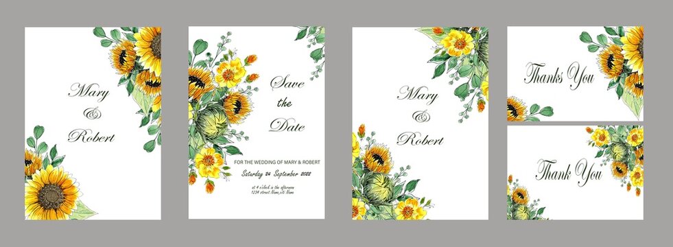Watercolor set of sunflowers template. Hand painted illustration on white background.