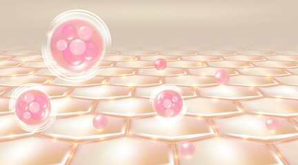 Hyaluronic acid hair and skin solutions ad, pink collagen serum drop over skin cells with cosmetic advertising background ready to use, illustration vector.