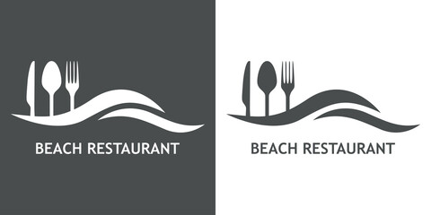 Logo con texto Beach Restaurant con silueta de cubiertos en olas en fondo gris y fondo blanco