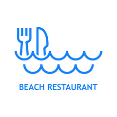 Logo con texto Beach Restaurant con silueta de cubiertos en olas con líneas en color azul