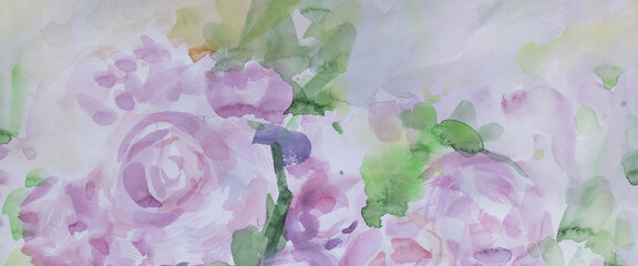 Gentle roses panorama background. Summer flowers. Watercolor brush strokes pastel colors texture with smudges. Naturalness and serenity concept.