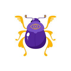 Magic beetle icon. Cartoon illustration of a purple beetle with gold eye on its back isolated on a white background. Vector 10 EPS.
