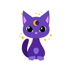 Fototapeta premium Magic cat icon. Cartoon illustration of a cute black cat with crescent moon on its head isolated on a white background. Vector 10 EPS. 