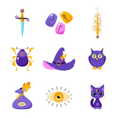 Magic icon set. Cartoon illustration of occult objects such as runestones, witch hat, magic wand, dagger, cat, owl, beetle and bag of herbs isolated on a white background. Vector 10 EPS.