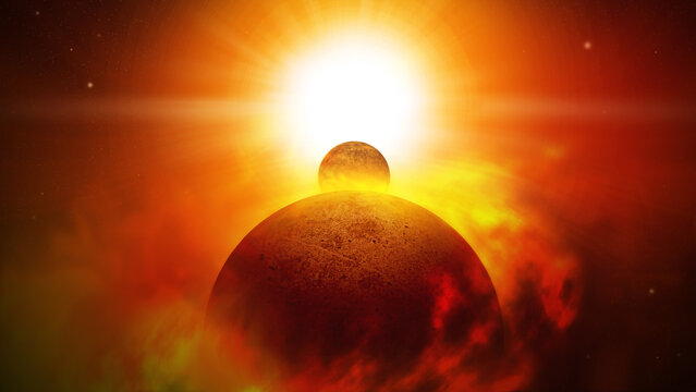 Space Art n°6 A telluric exoplanet and its moon illuminated by their sun and surrounded by solar radiations (Illustration 3D)