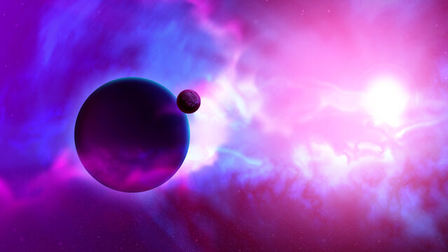Space Art n°7 A gas giant exoplanet and its moon surrounded by solar pink radiations and energy (Illustration 3D)