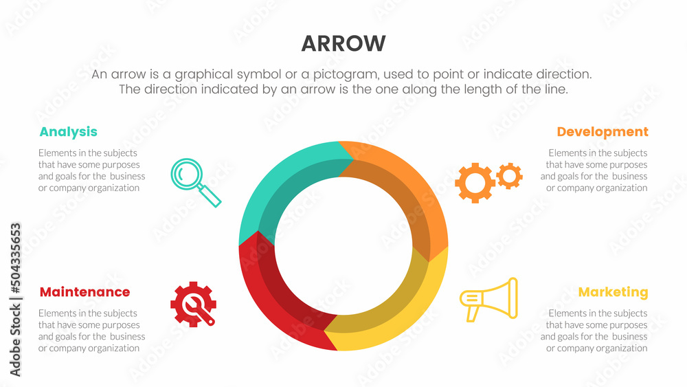 Poster arrow infographic with circle arrows concept for slide presentation with 4 point list and arrow shap