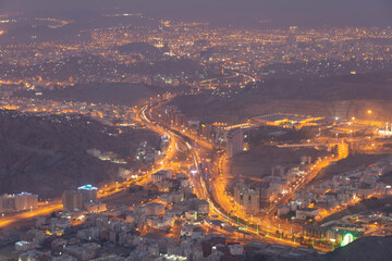 Skyline with Abraj Al Bait (Royal Clock Tower Makkah) in Makkah, Saudi Arabia. The tower is the...