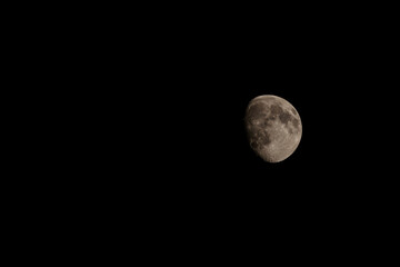 Close up of new moon with visible craters on its surface on black night sky background with copy space
