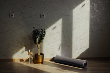 Rolled yoga mat and green plant in pot placed near glass bottle of water in living room with...