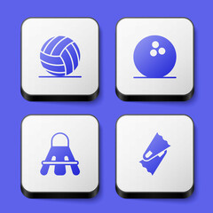 Set Volleyball ball, Bowling, Badminton shuttlecock and Flippers for swimming icon. White square button. Vector
