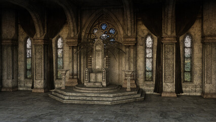 Fototapeta na wymiar Fantasy medieval throne room with gothic arches and windows. 3D illustration.