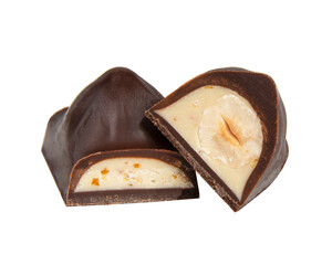 Chocolate sweet candy with nut glazed in half isolated on the white background