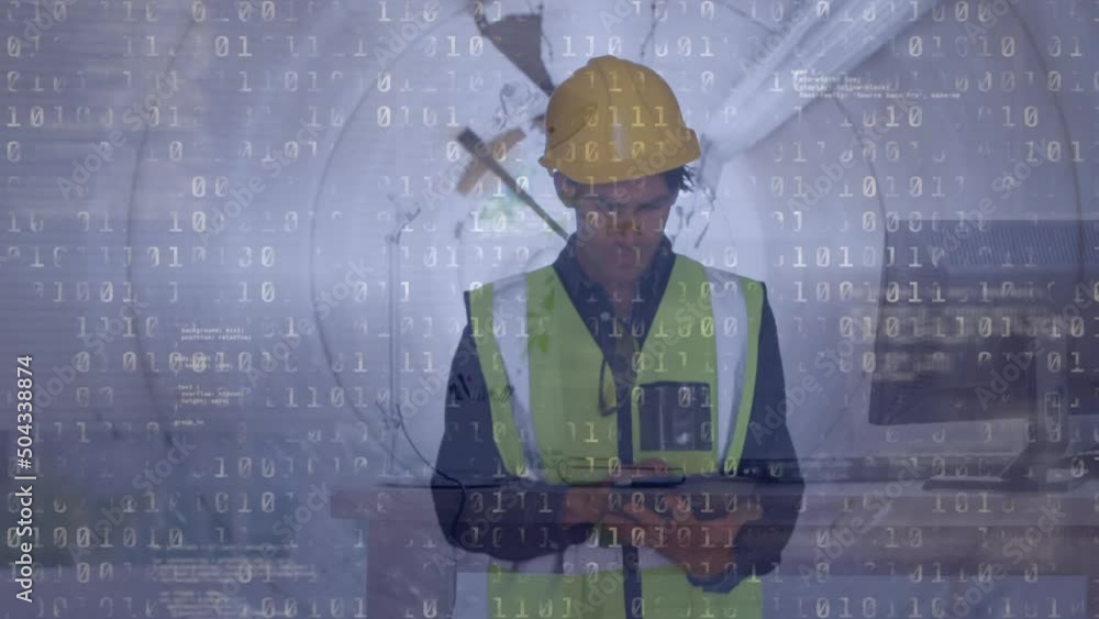 Poster binary coding data processing against caucasian male architect using digital tablet