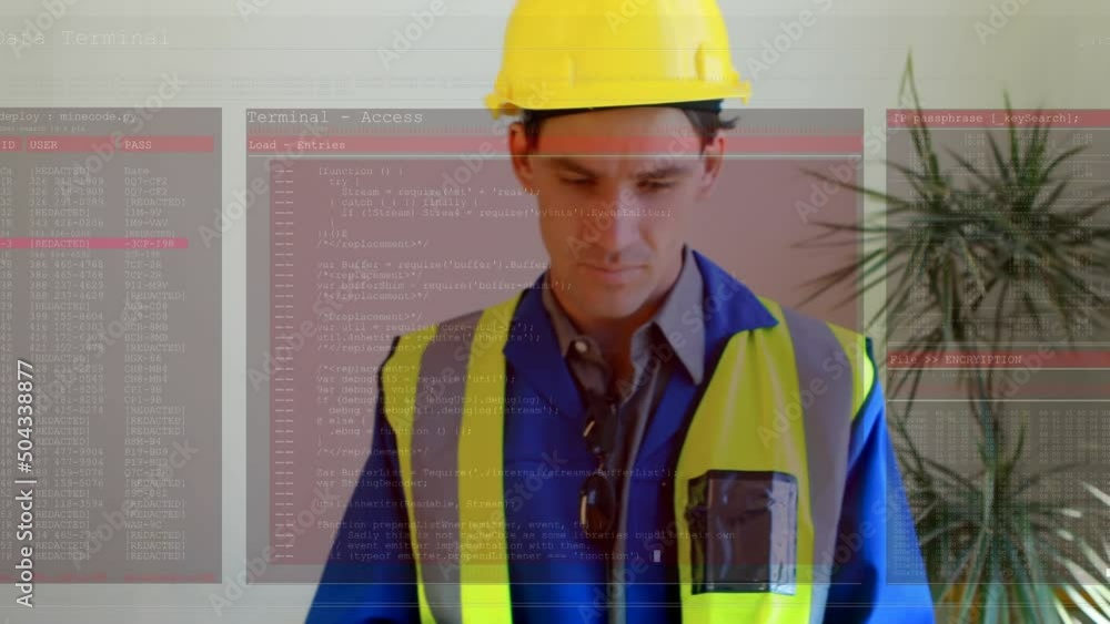 Poster screen with data processing against caucasian male architect using digital tablet