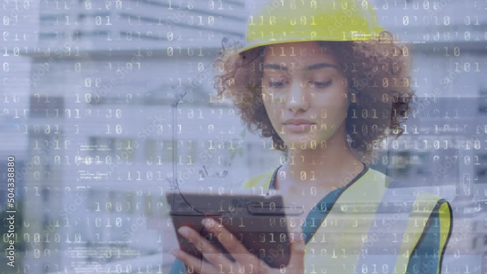 Poster binary coding data processing against african american female architect using digital tablet