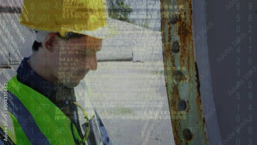 Poster screen with data processing against caucasian male engineer using digital tablet