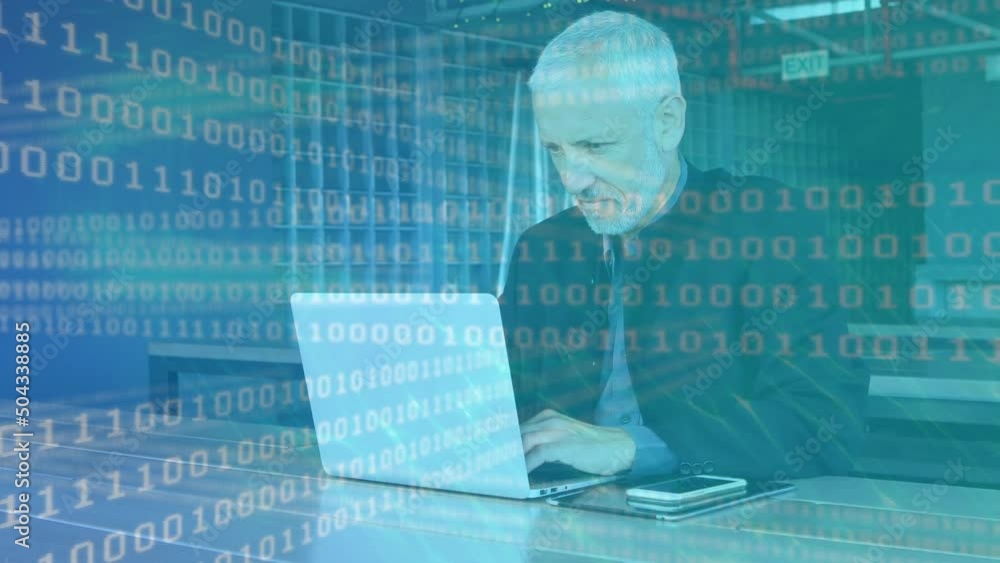 Poster binary coding data processing against caucasian senior man using laptop at office