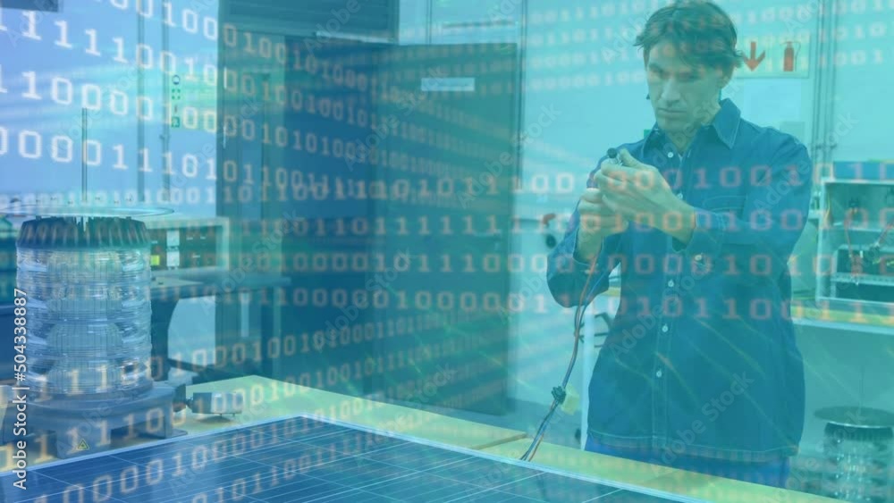 Poster binary coding data processing against caucasian male worker working with solar panels