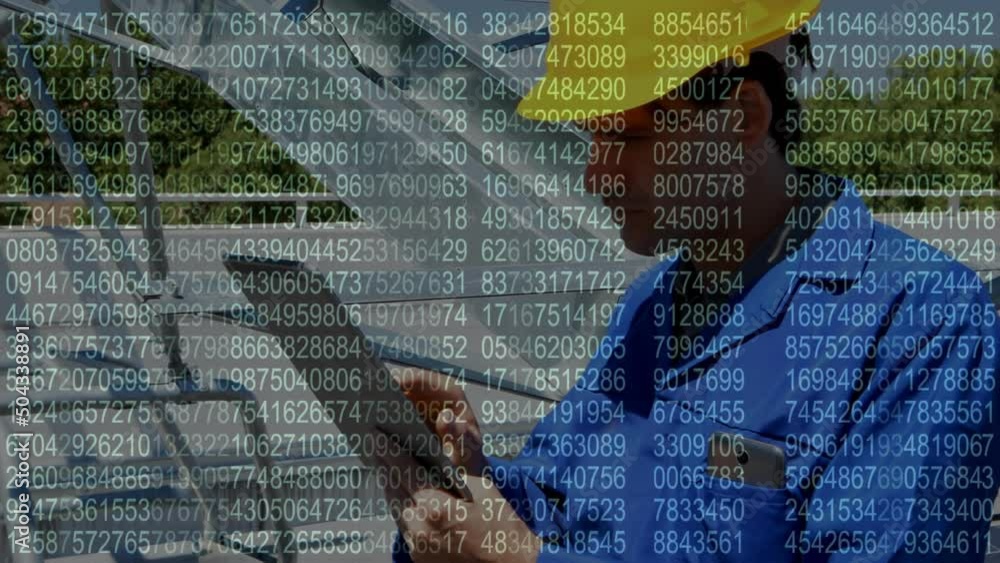 Poster screen with data processing against caucasian male engineer using digital tablet