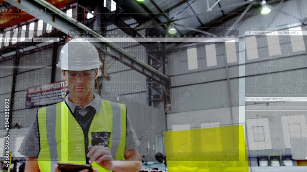 Poster screen with data processing against caucasian male engineer using digital tablet at a factory