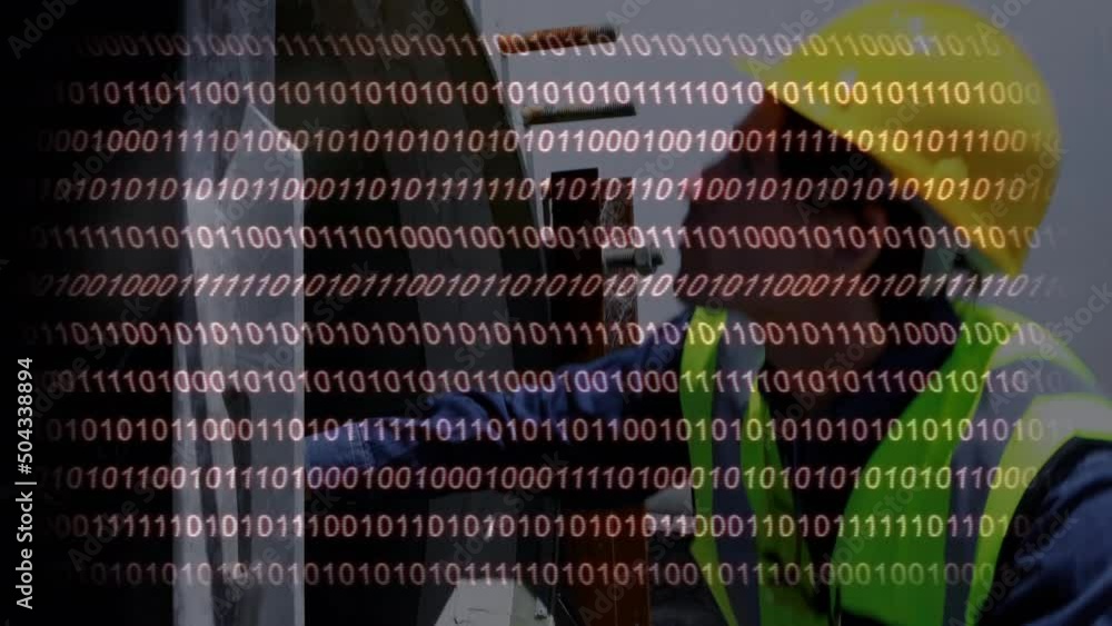 Poster binary coding data processing against caucasian male construction working at construction site