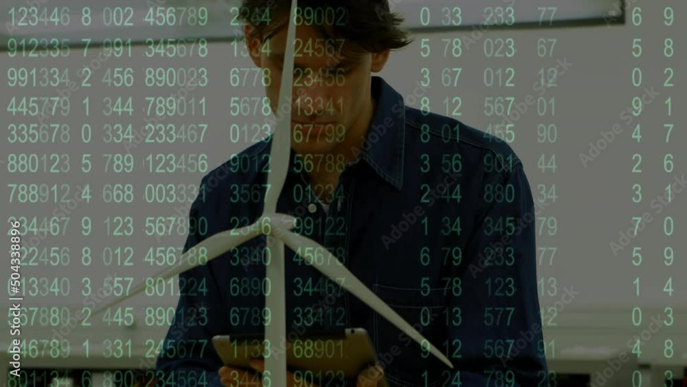 Poster screen with data processing against caucasian male engineer using digital tablet