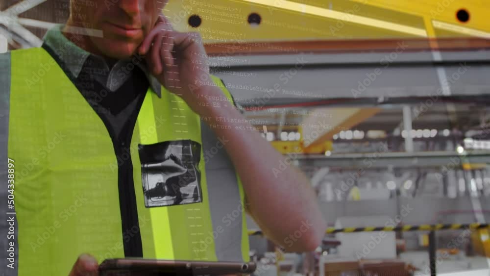 Poster screen with data processing against caucasian male engineer using digital tablet at a factory