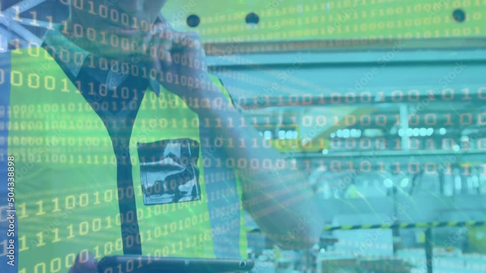 Poster binary coding data processing against caucasian male engineer using digital tablet at a factory