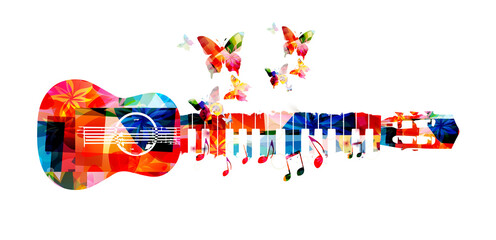  Colorful music poster with guitar and piano keyboard isolated vector illustration. Live concert events, music festivals and shows creative background, party flyer invitation with butterflies and note - 504338833