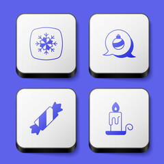 Set Snowflake, Christmas ball, Candy and Burning candle icon. White square button. Vector