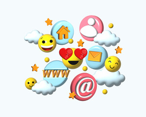 3D mailbox platform, electronic mailbox concept, emojis, hearts, icons floating in the clouds on a blue background.